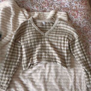 La Hearts Beige Striped V-Neck Sweater